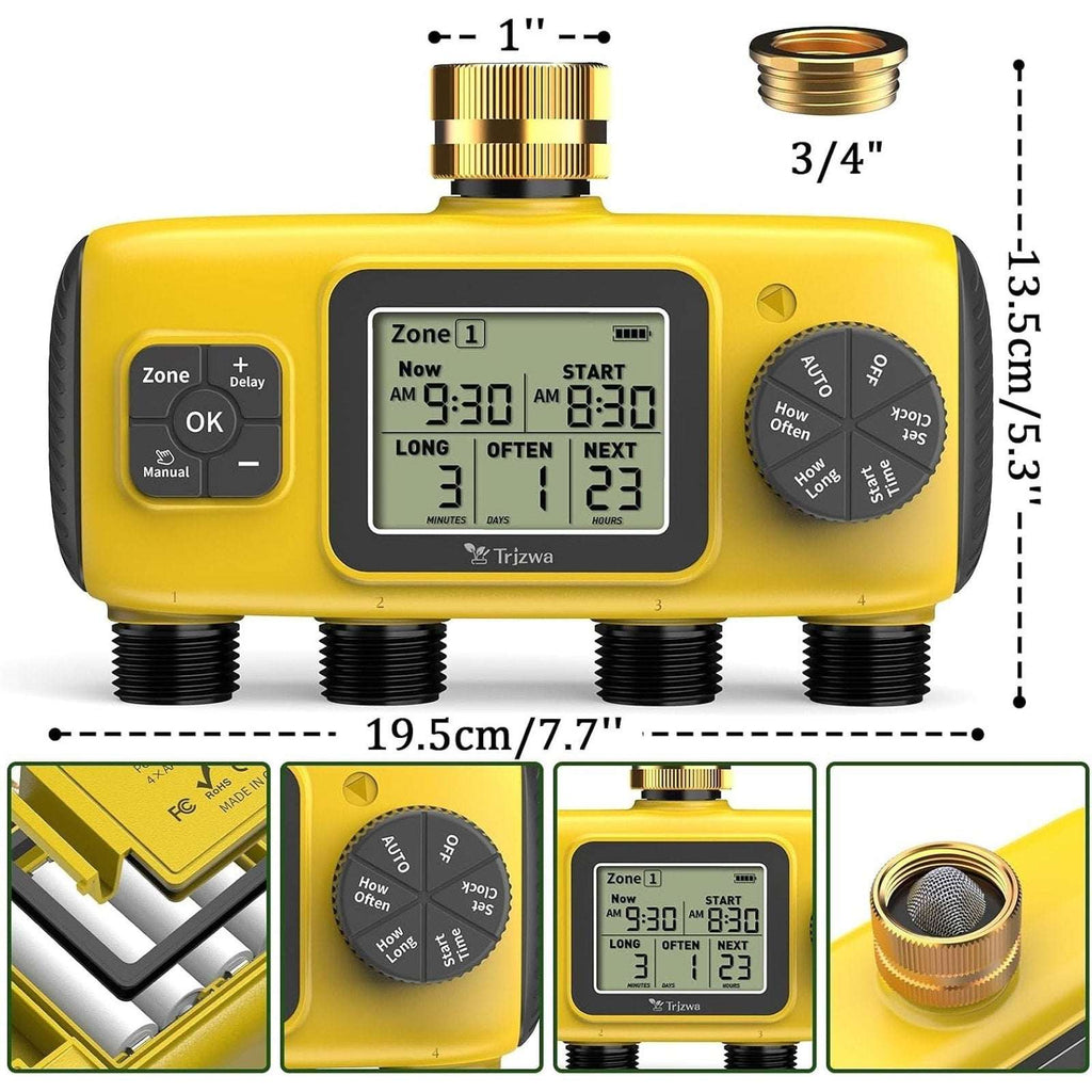 4-Zone Programmable Digital Smart Water Timer w/ Brass Inlet, Rain Delay, Anti-R