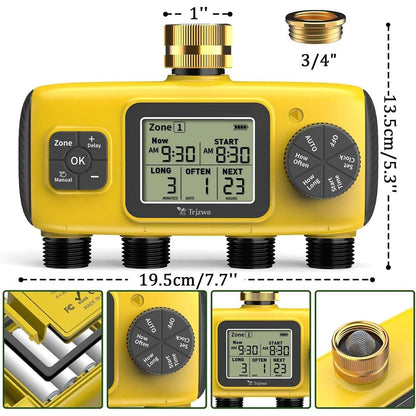 4-Zone Programmable Digital Smart Water Timer w/ Brass Inlet, Rain Delay, Anti-R