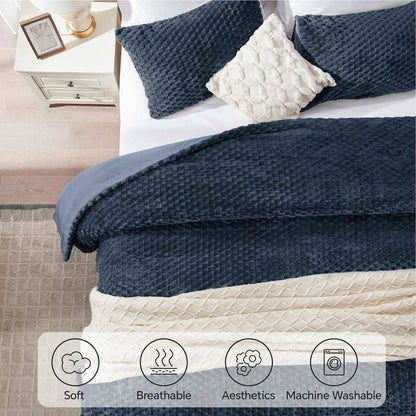 BEDELITE Fluffy Queen Size Comforter & 2 x Pillow Sham Set Navy Blue Fleece Soft