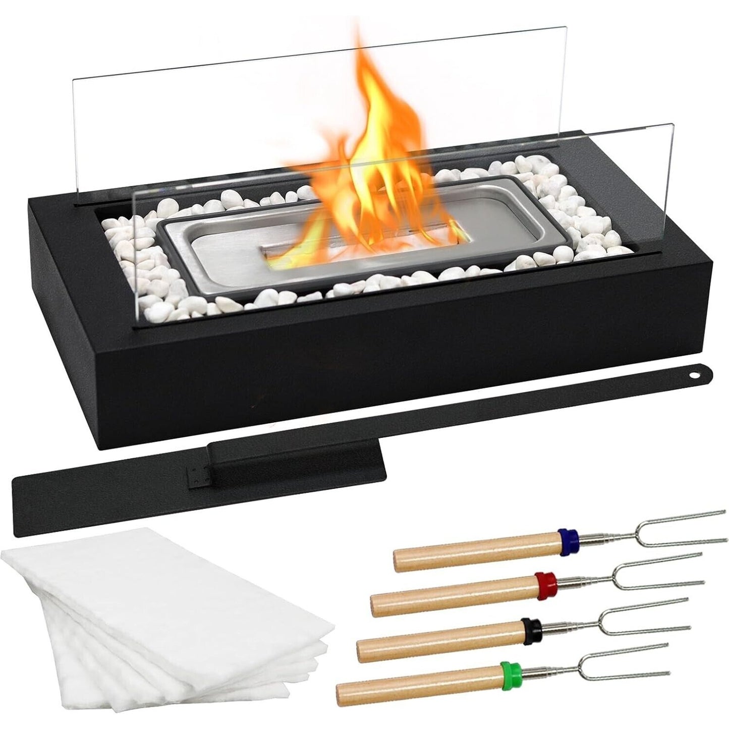 Tabletop Fire Pit Rectangle Portable Fireplace S'mores Roasting Sticks & Stones