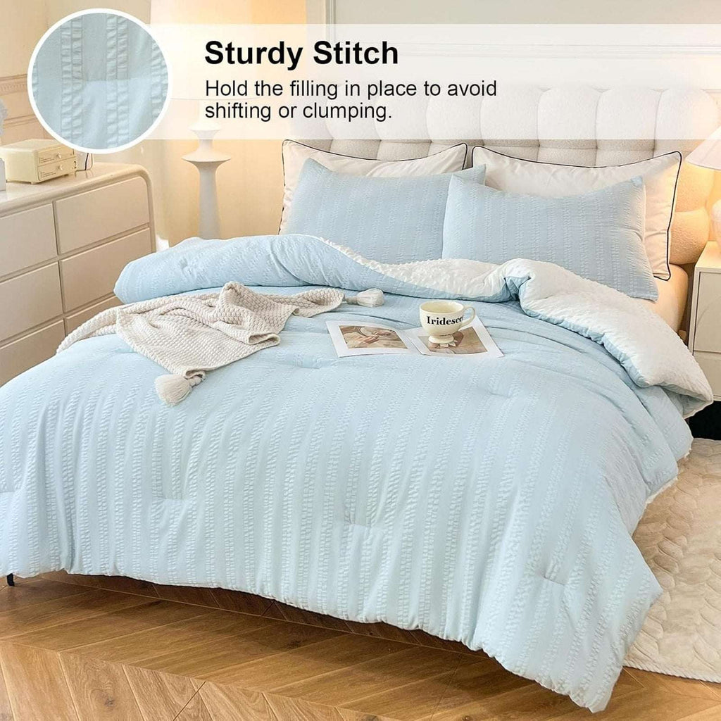 tohrisa Boho Comforter Set Full Size Blue Seersucker 3PC All Season Bedding