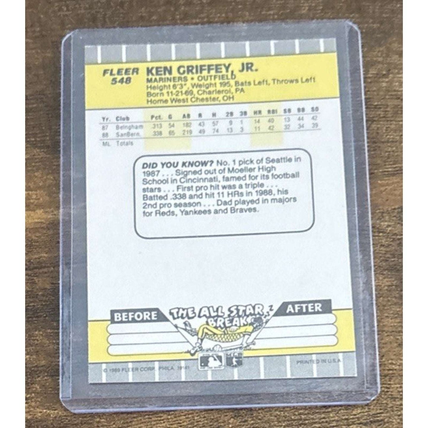 1989 FLEER MLB #548 KEN GRIFFEY JR - RC Rookie Card - Marniners - Pack to Sleeve