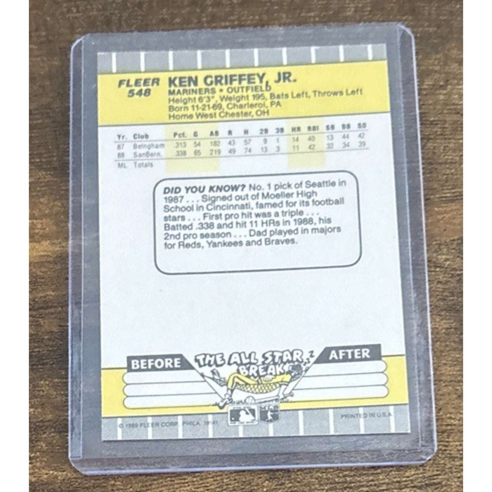 1989 FLEER MLB #548 KEN GRIFFEY JR - RC Rookie Card - Marniners - Pack to Sleeve