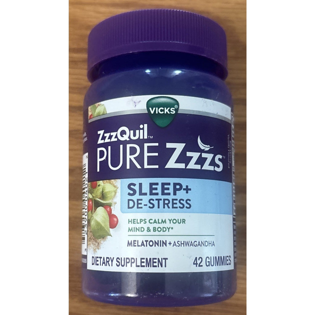ZzzQuil PURE Zzzs De-Stress Gummies Ashwagandha + Melatonin 42ct EXP 02/2027
