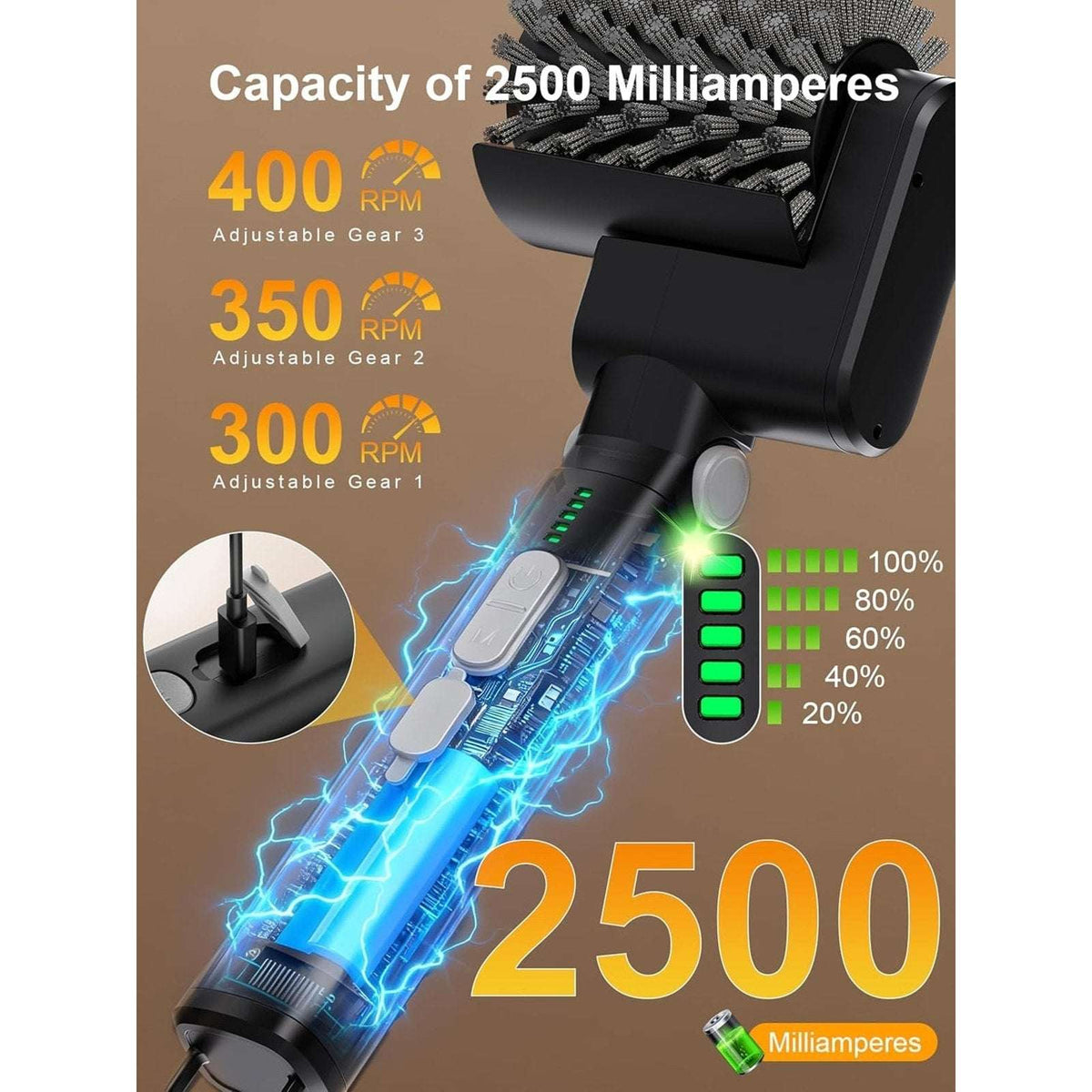 Electric Grill Brush Cordless Rechargeable BBQ Cleaner with 3 Speeds & 3 Heads