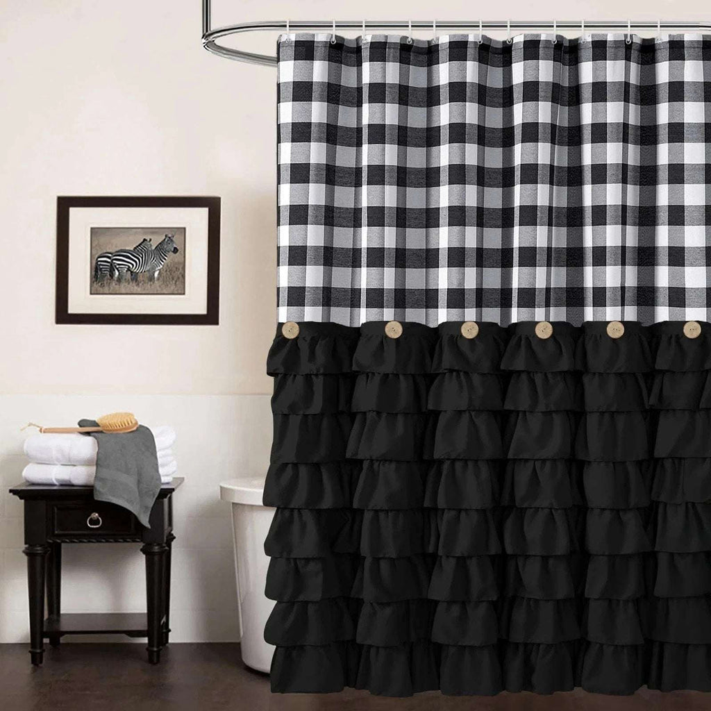 Black White Buffalo Plaid Ruffle Farmhouse Shower Curtain Set 72X72 w/ 12 Hooks