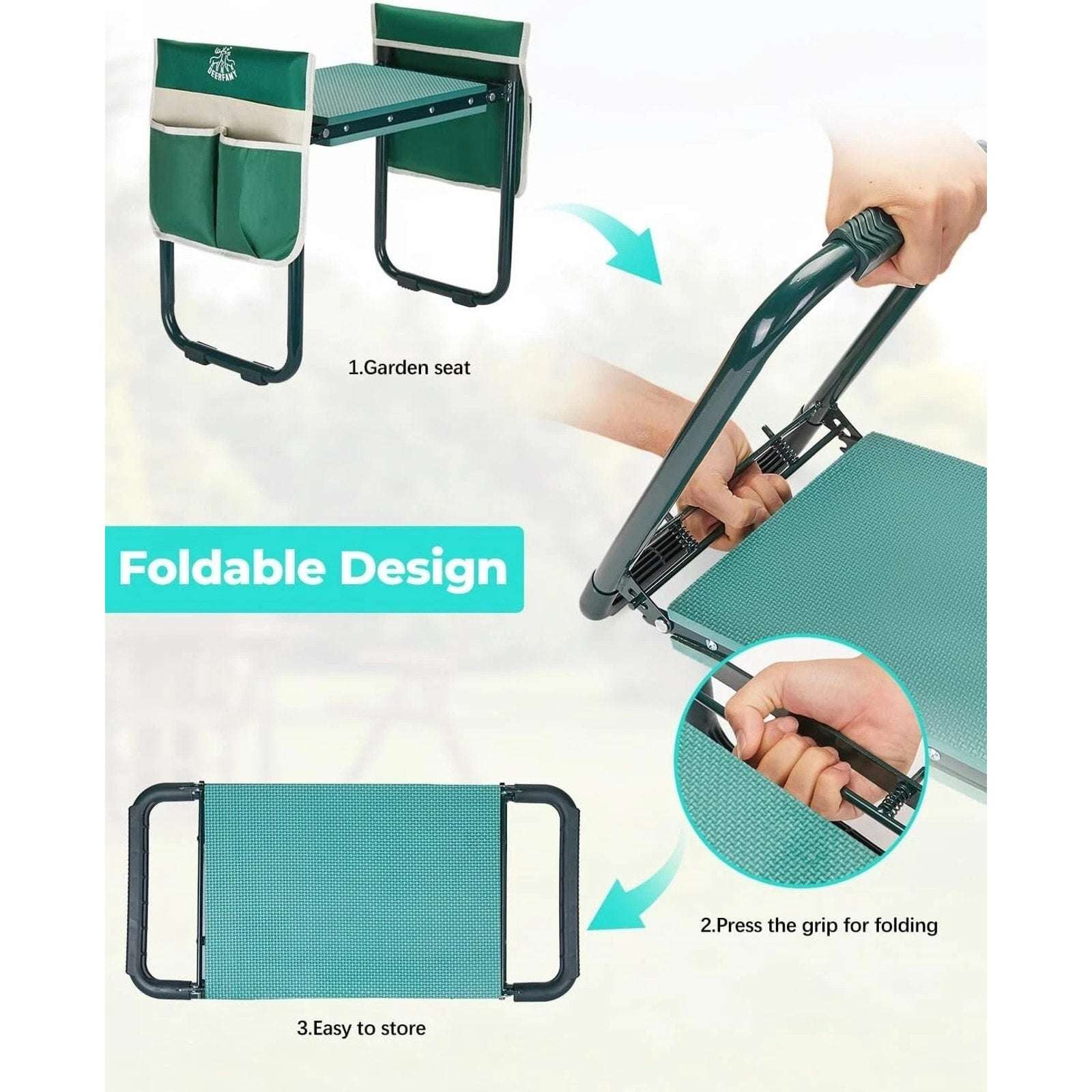 DEERFAMY 10.2"W Gardening Stool, Garden Kneeler Seat Tool Pouches 350lbs Green