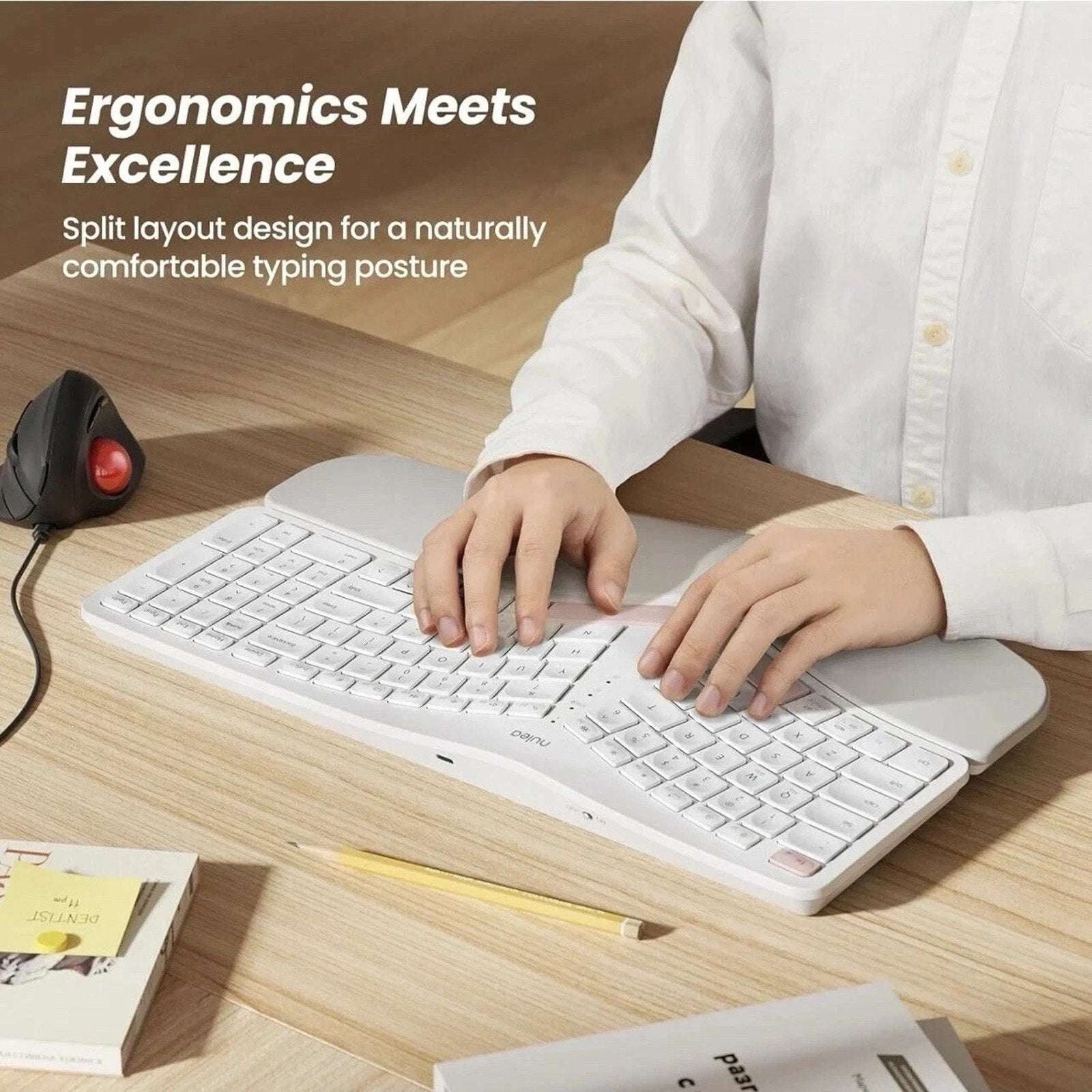 Nulea RT05B Wireless Ergonomic Split Keyboard w/ Cushioned Wrist Support - White