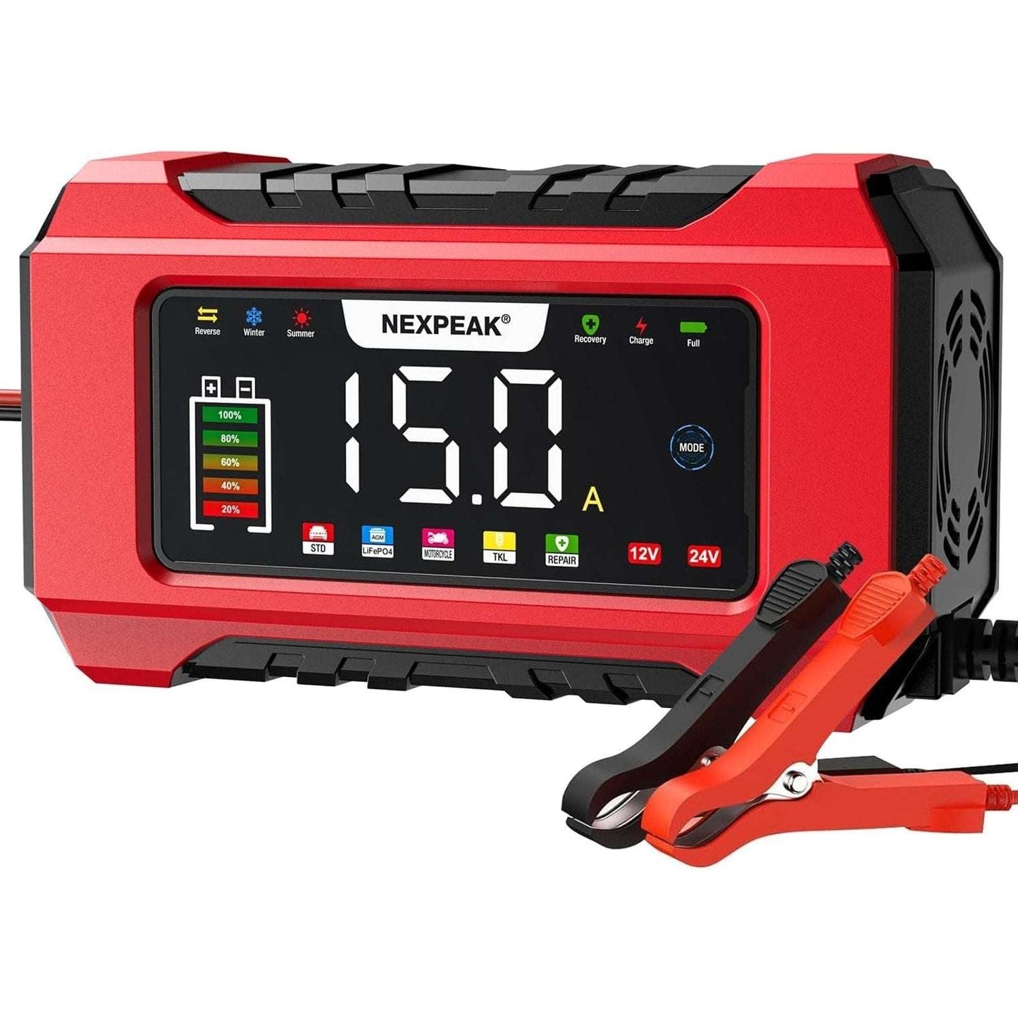 NEXPEAK 15A Smart Battery Charger 12V 24V 9 Stage Trickle LiFePO4 Car Truck Boat