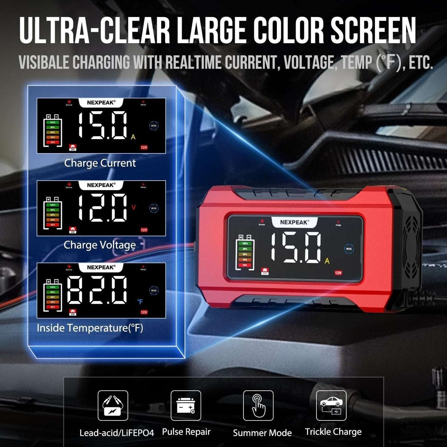 NEXPEAK 15A Smart Battery Charger 12V 24V 9 Stage Trickle LiFePO4 Car Truck Boat