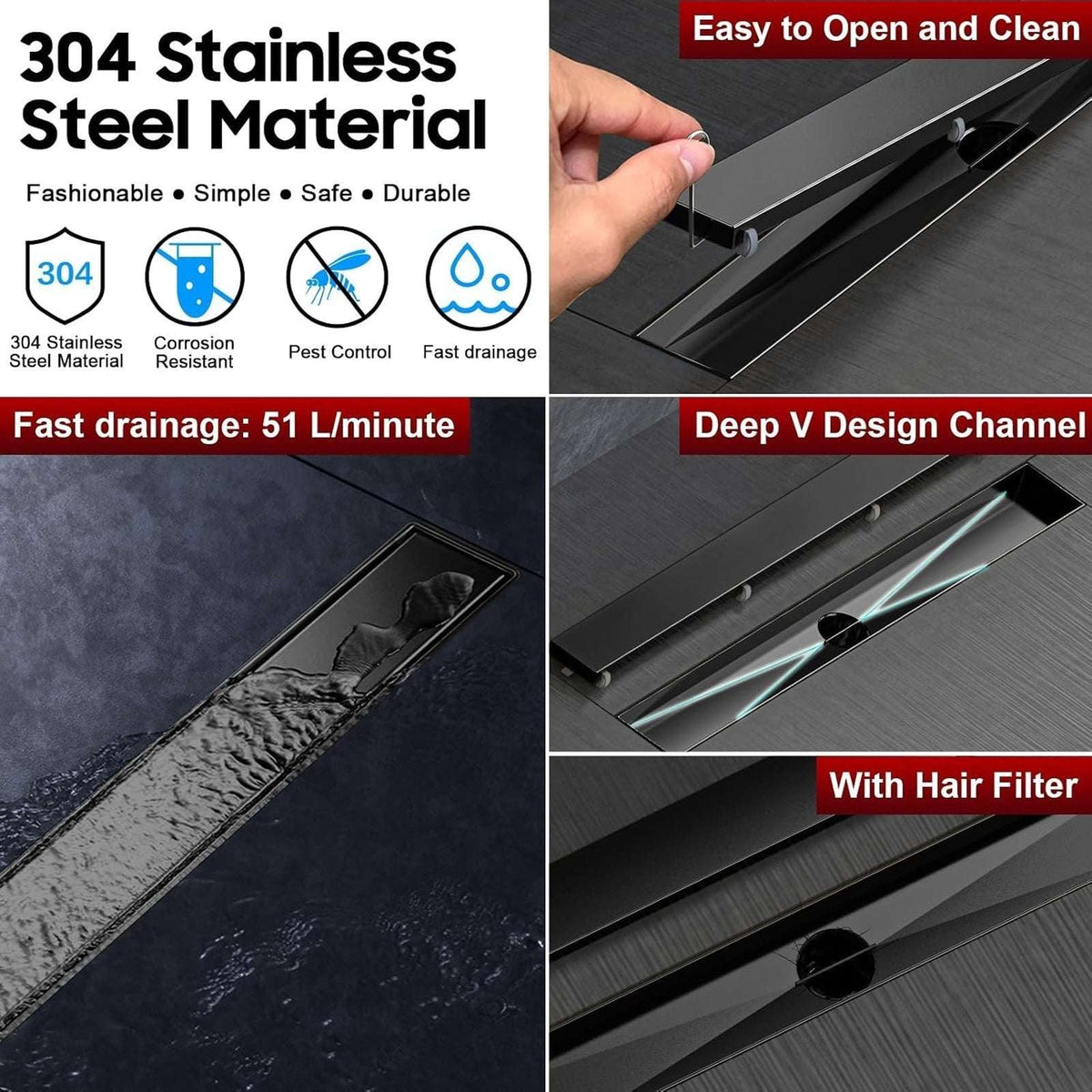 12" Linear Shower Drain Matte Black 304 SS Tile Insert Adjustable Feet Strainer