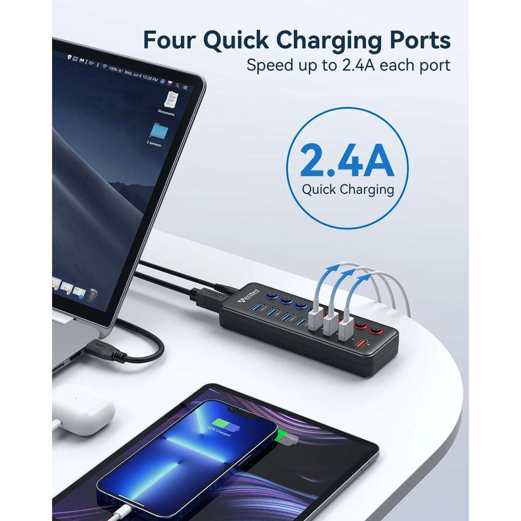 8-Port USB Hub Splitter 4 USB 3.0 Data Ports 4 Smart Charging Ports Ind Switches