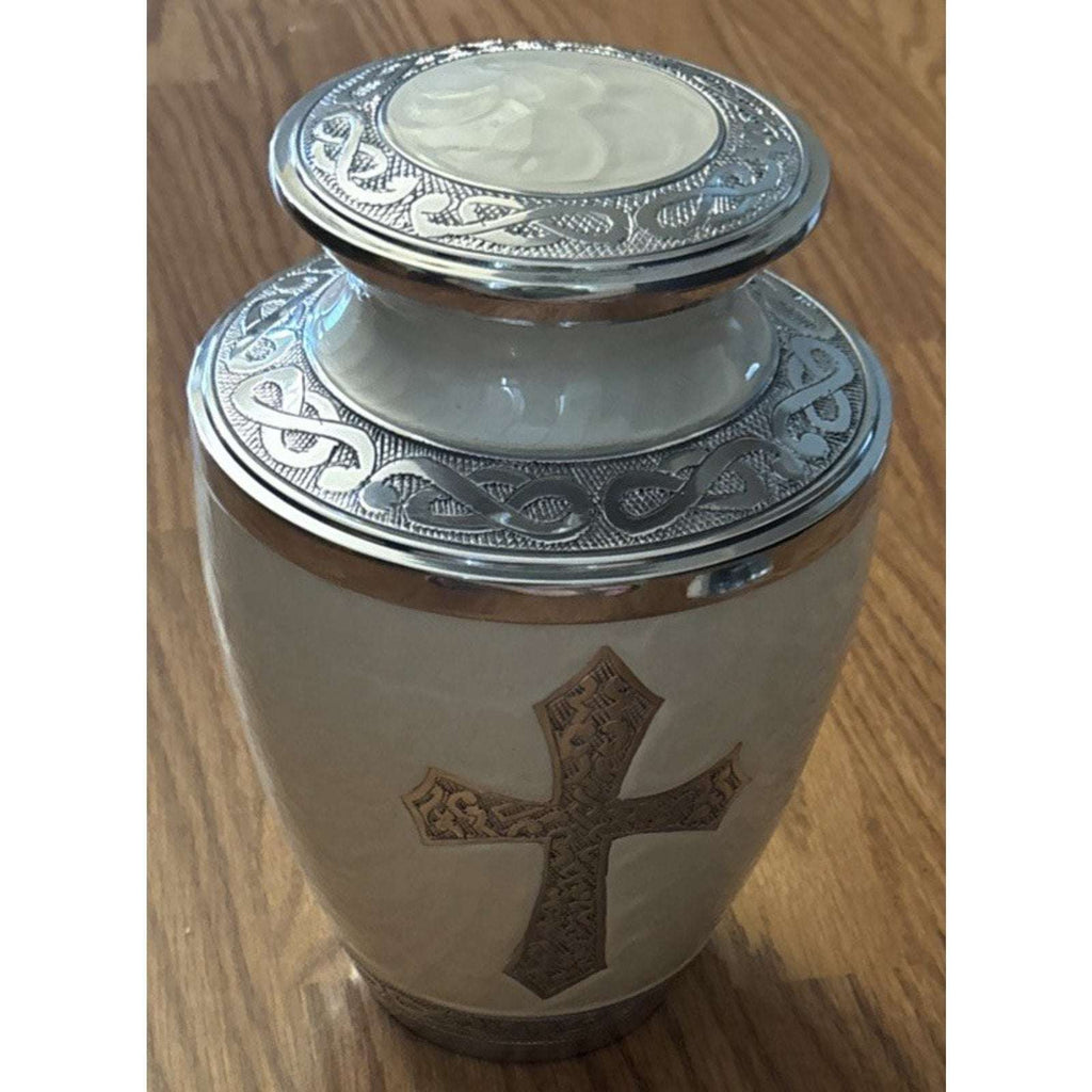 Olivia Memorials God's Love White Urn for Ashes Hand Engraved Cross Large 8x10