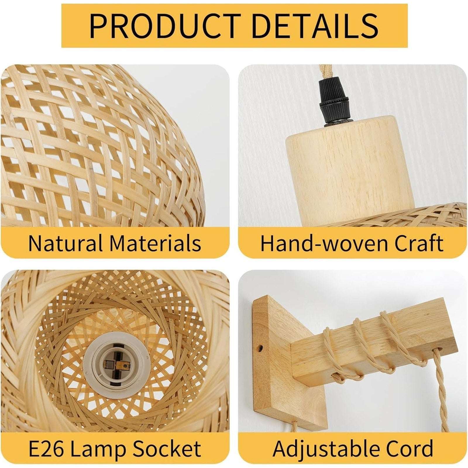 Plug in Wall Sconces Set of 2, Bamboo Hand Woven Rustic Hanging Light Fixtures