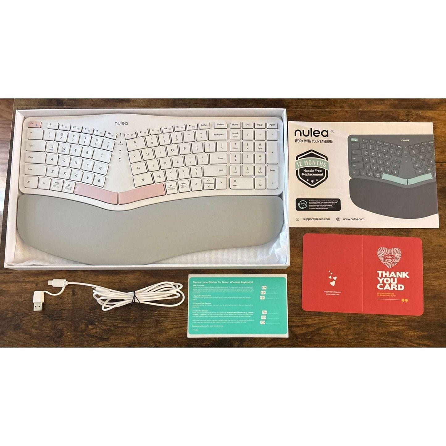 Nulea RT05B Wireless Ergonomic Split Keyboard w/ Cushioned Wrist Support - White