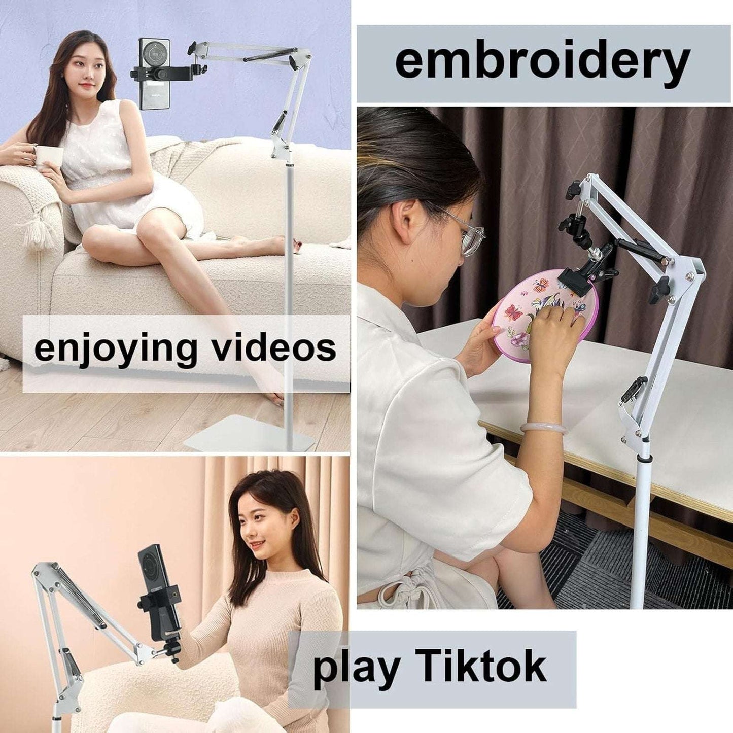 Embroidery Hoops Floor Stand Holder, 360° Rotate Hands Free + Phone Holder White