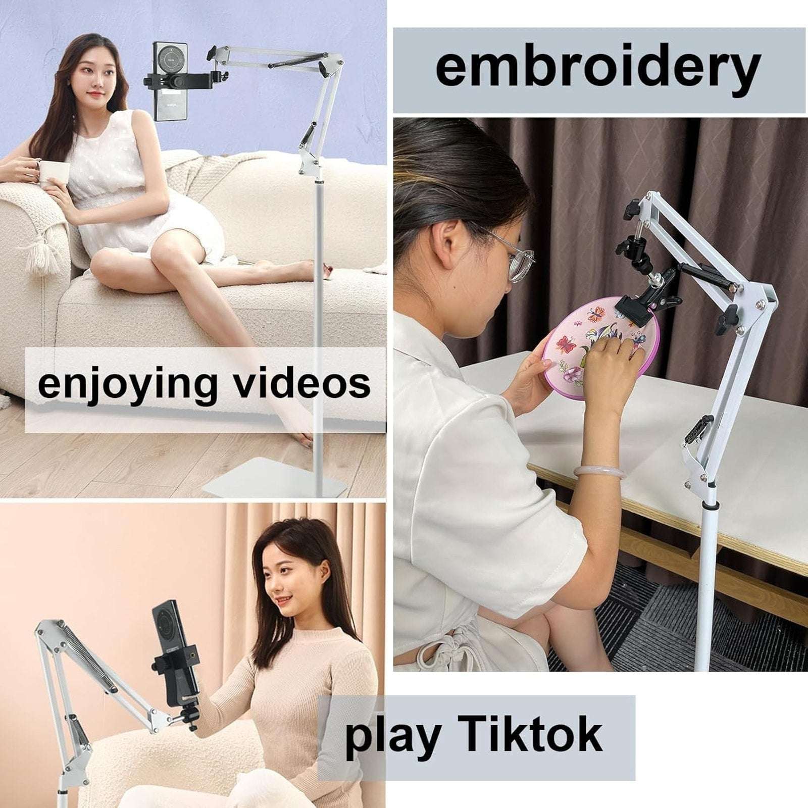 Embroidery Hoops Floor Stand Holder, 360° Rotate Hands Free + Phone Holder White