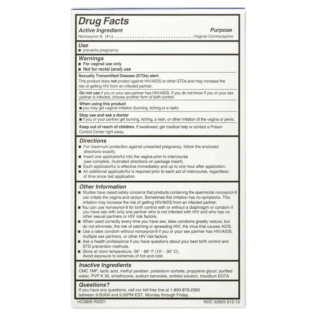 VCF Vaginal Contraceptive Gel Pre-Filled Applicators Hormone Free 10 Ct 2 Pack