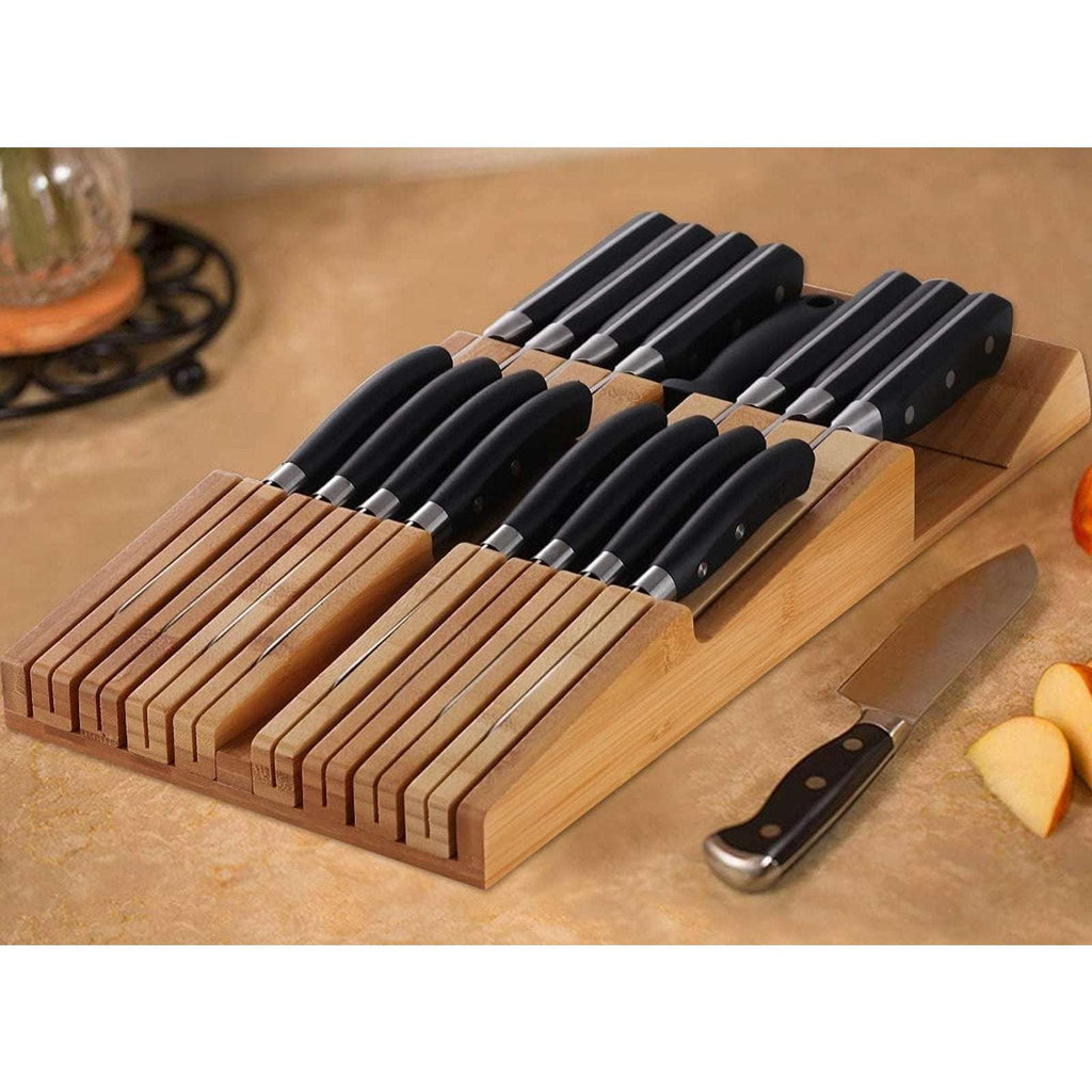 Bamboo In Drawer Knife Block for 16 Knives Large Tray Cutlery Organizer Washable
