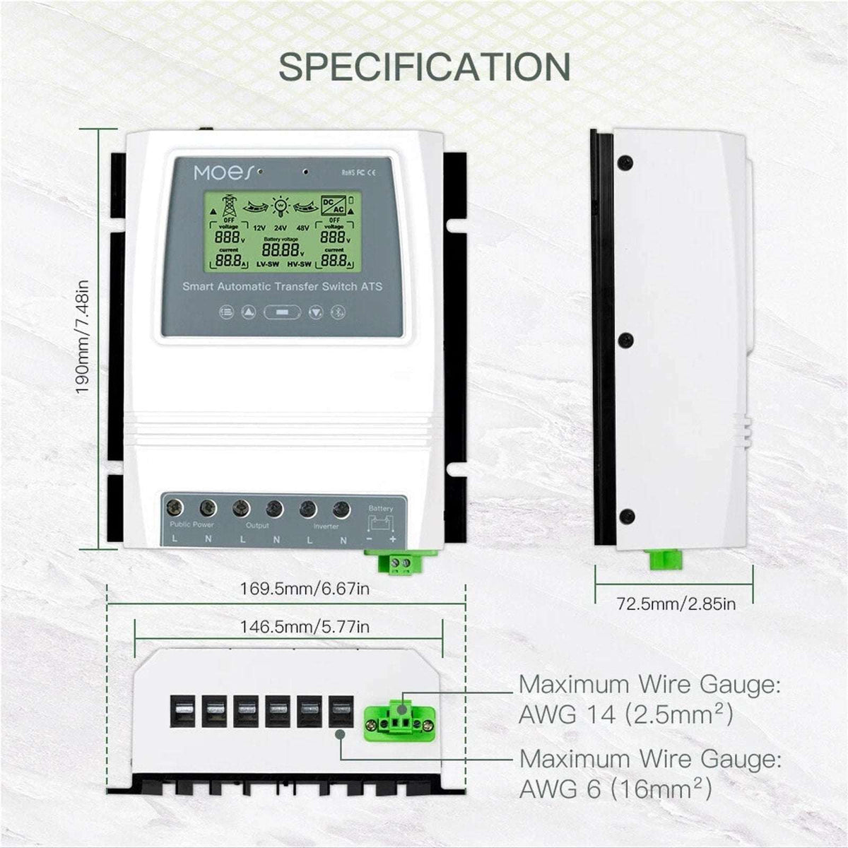 MOES 80A Smart Solar Wind Charge Controller Dual Power Automatic Transfer Switch