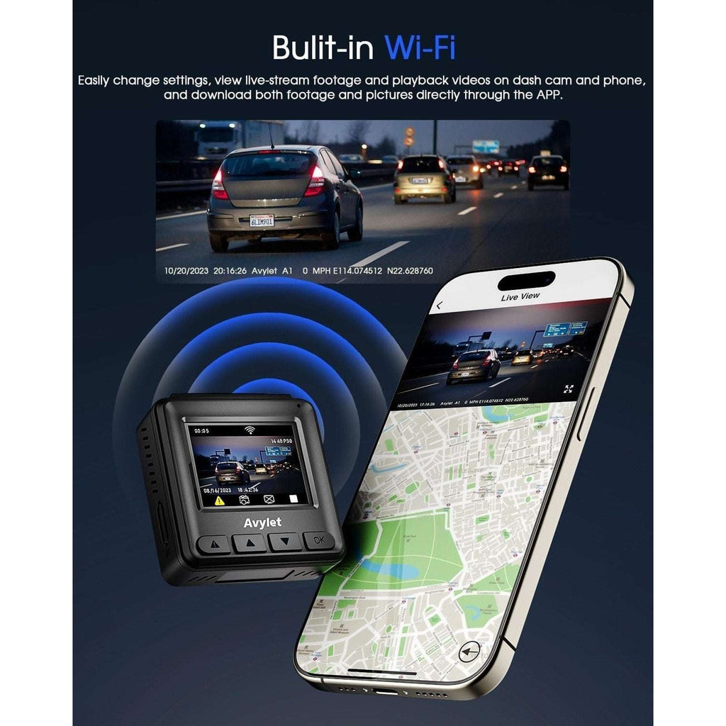 Avylet A1 Dash Cam WiFi 2K w/ APP, External GPS, WDR Night Vision, Loop Record +
