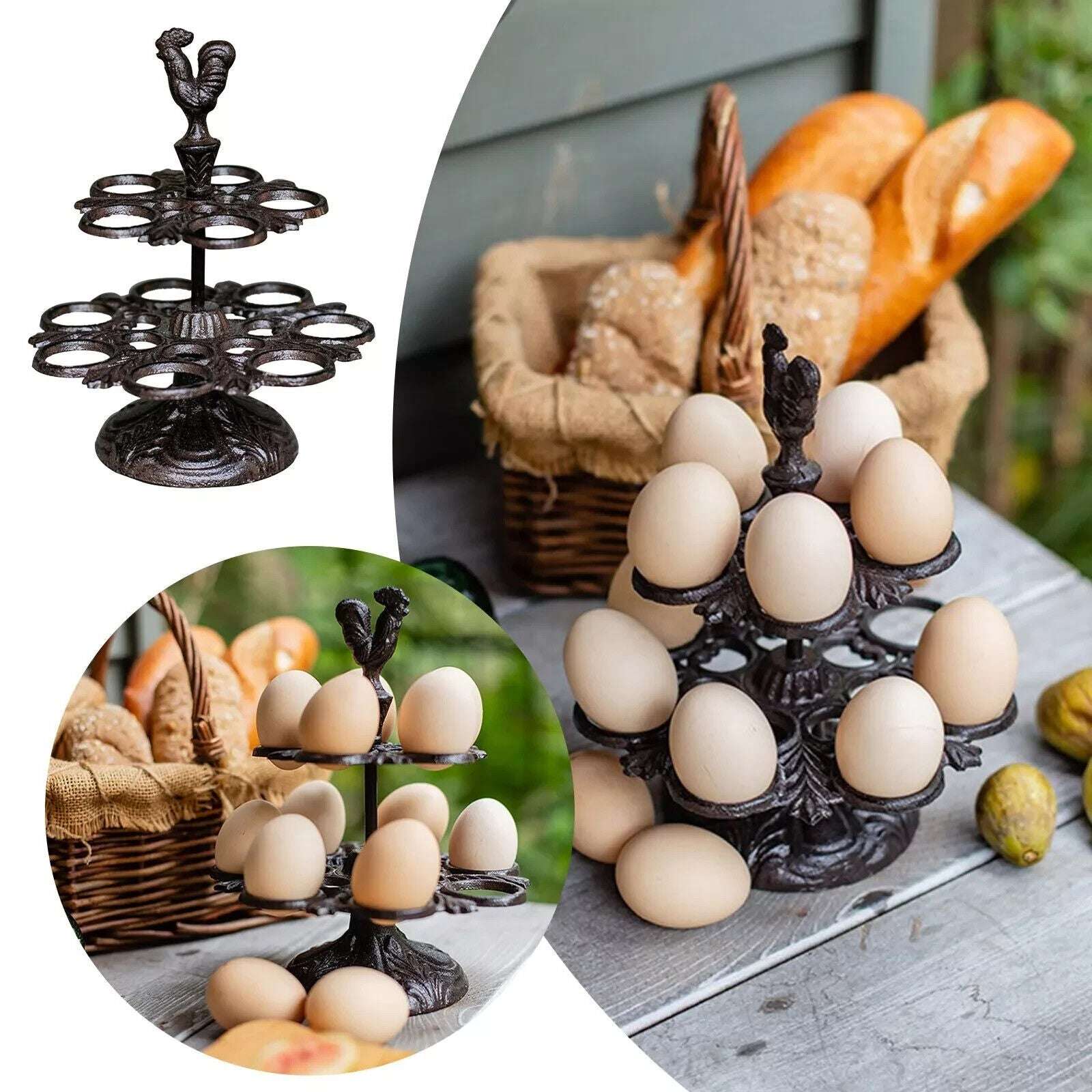 Sungmor Cast Iron 12 Eggs Holder Kitchen Tabletop Decor Rooster Design Rack