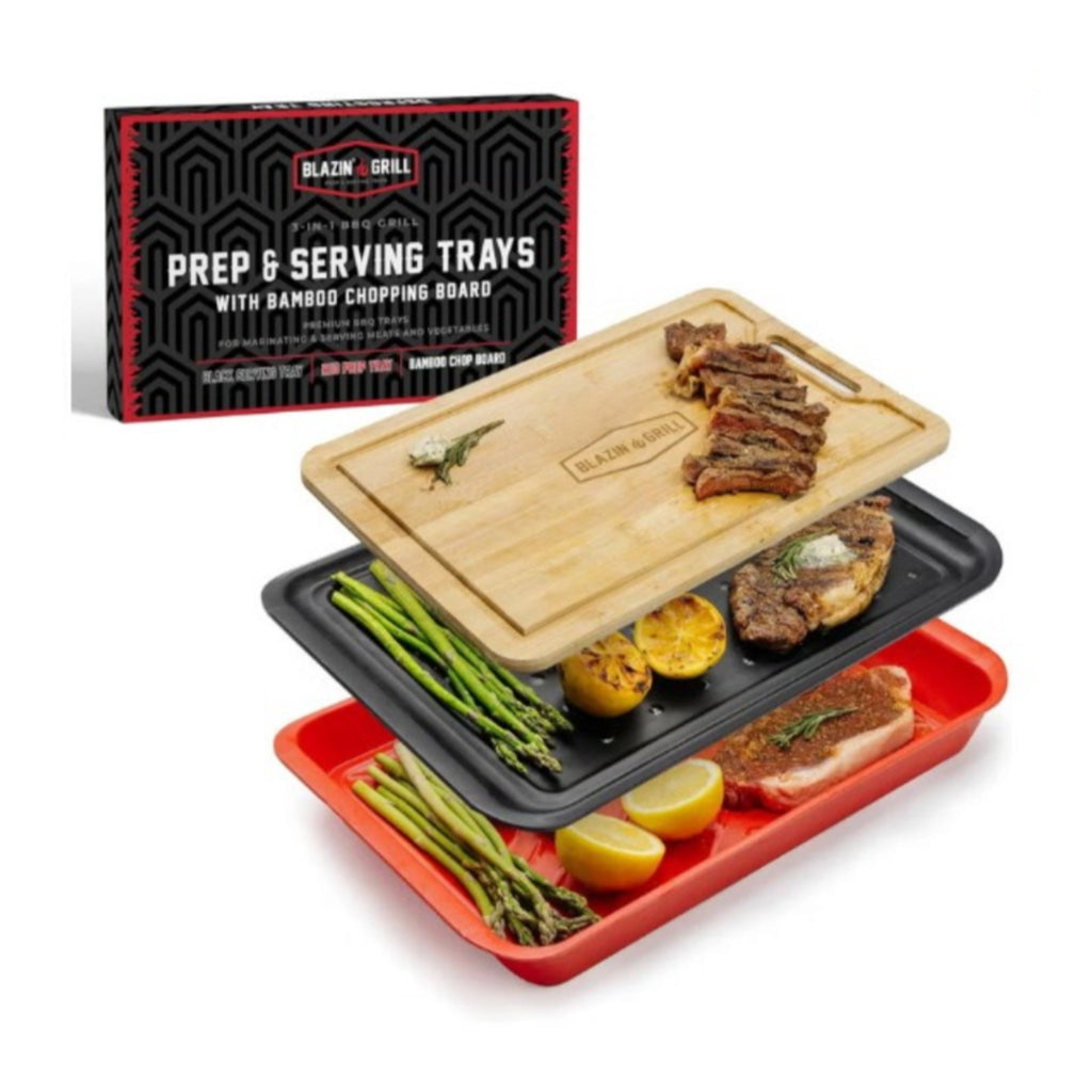 Melamine Grill Prep Serving Trays w/ Cutting Board 3PC Stackable BBQ Set