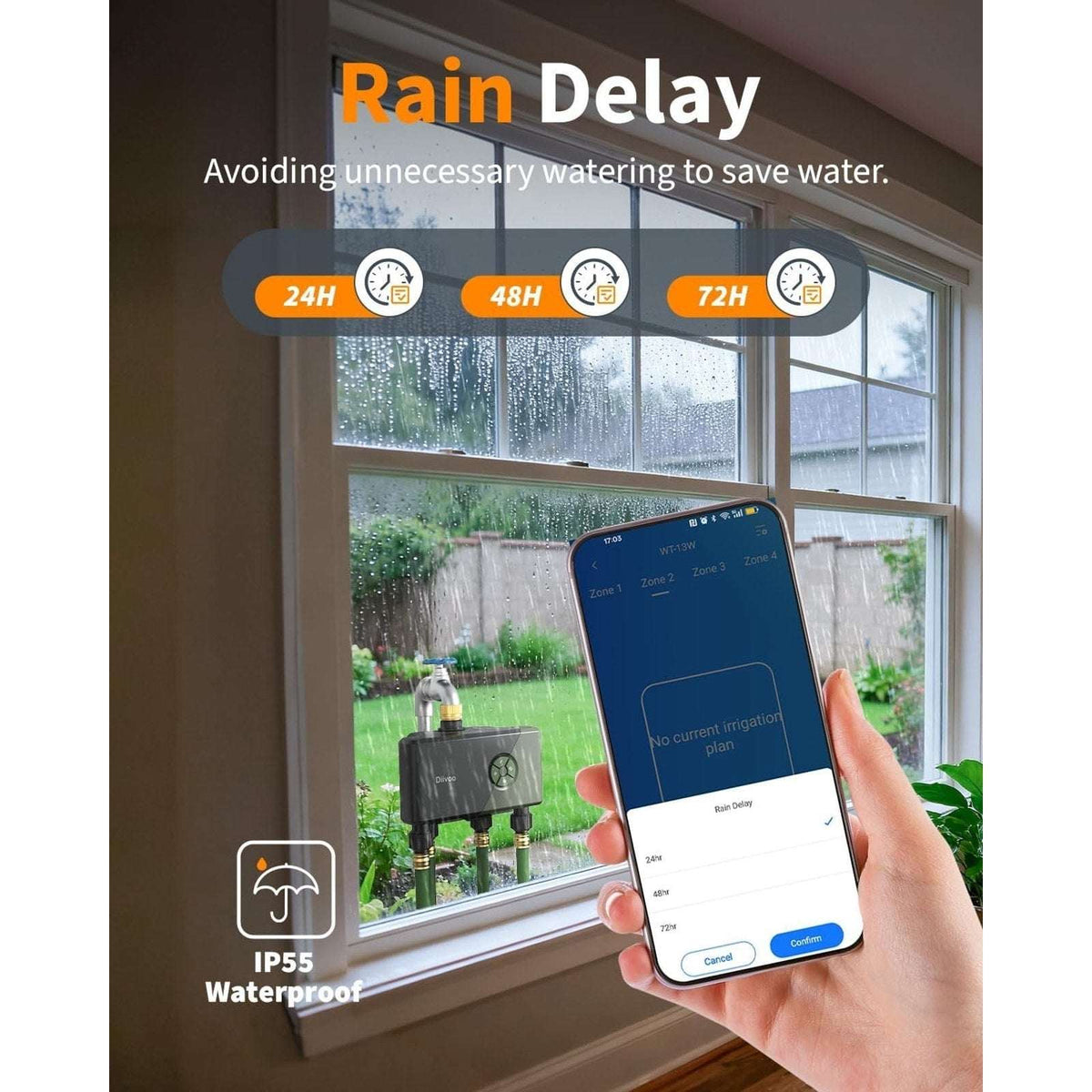 Diivoo 4 Zone WiFi Smart Water Timer + Hub w/ Brass Inlet Rain Delay App Control