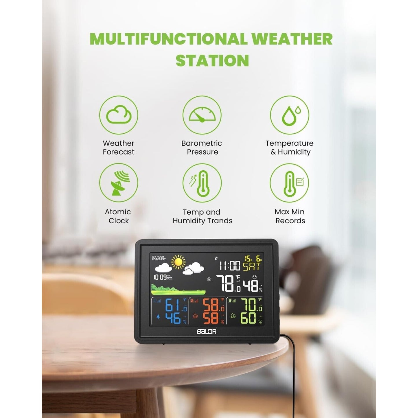 BALDR Weather Station Wireless In/Outdoor Temperature & Humidity 3 Remote Sensor