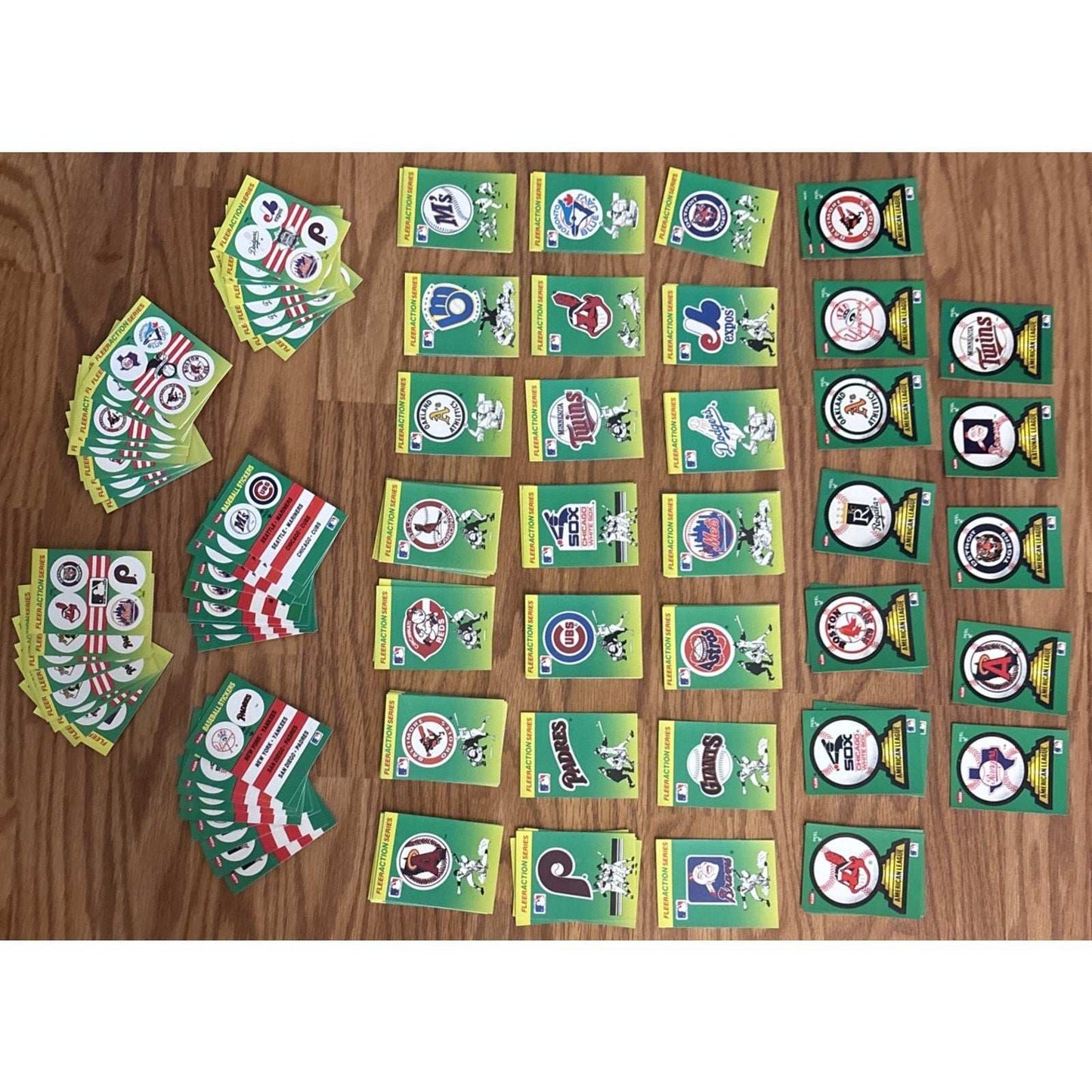 124Pcs 1990 Fleer MLB Baseball Teams Logo Stickers + Fleer Action Cards +Smalls