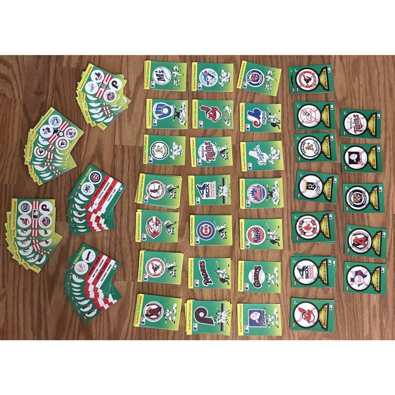 124Pcs 1990 Fleer MLB Baseball Teams Logo Stickers + Fleer Action Cards +Smalls