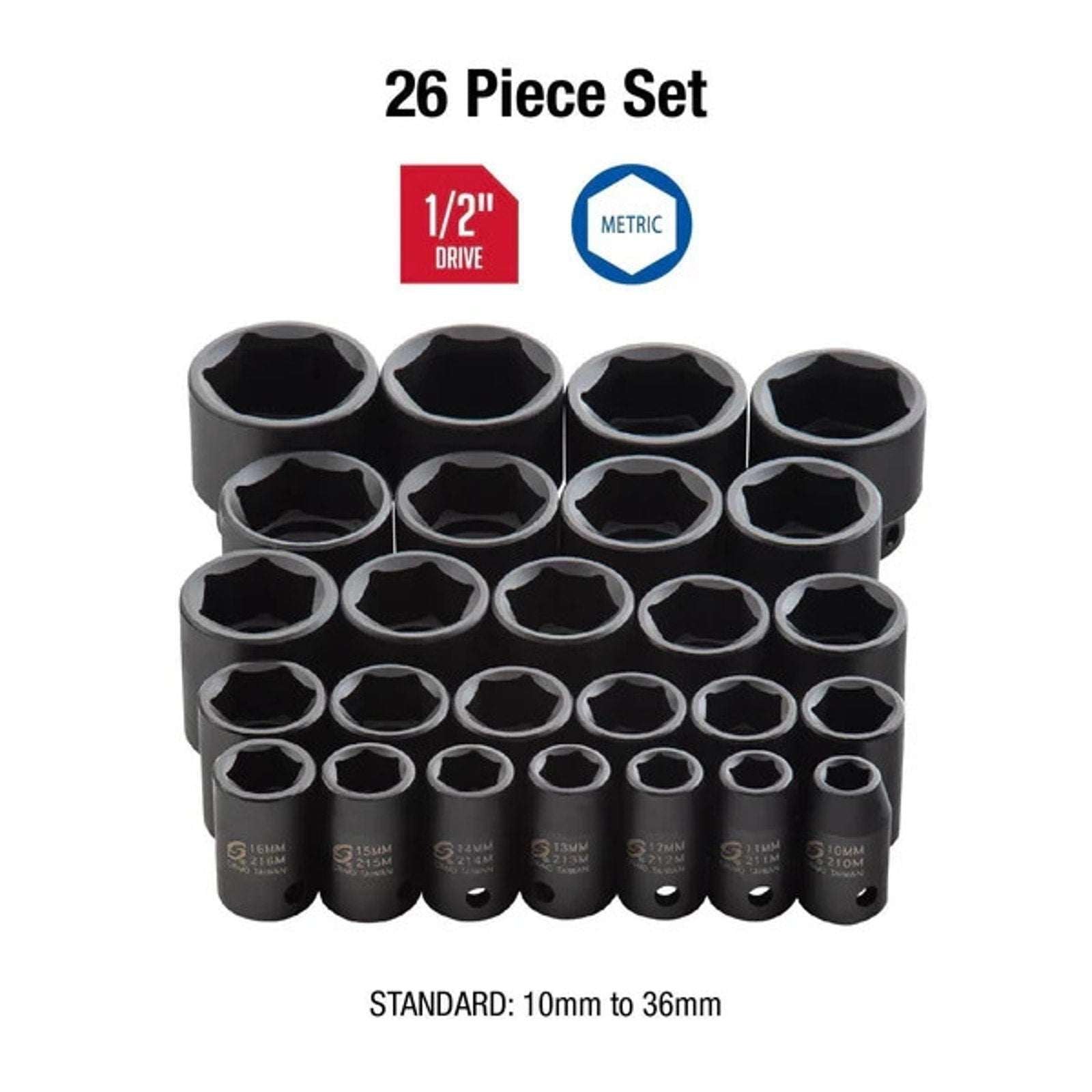 SUNEX Tools 1/2" DRIVE METRIC 6 POINT 26-PIECE IMPACT SOCKET SET NEW READ!