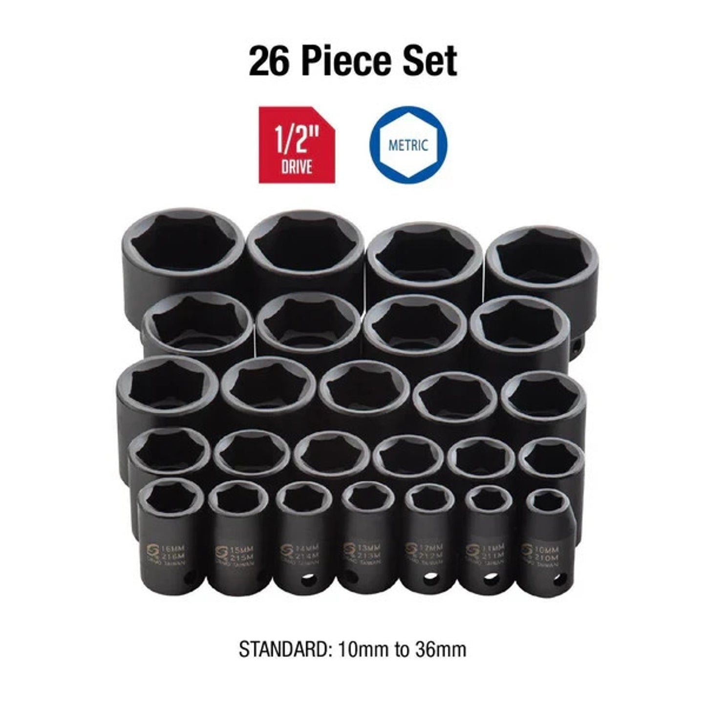SUNEX Tools 1/2" DRIVE METRIC 6 POINT 26-PIECE IMPACT SOCKET SET NEW READ!