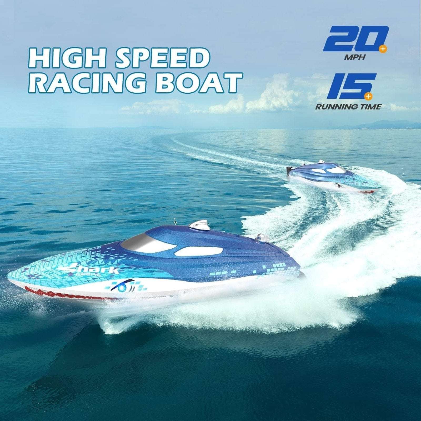 DEERC 2.4G RC Sink-Proof High Speed Racing Boat w/ LED Lights & Shark Graffiti