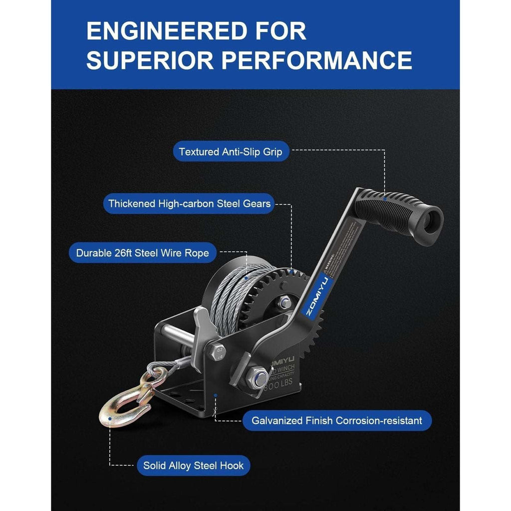 800LBS Hand Crank Winch 26FT Cable Towing ATV Boat Trailer 2-Way Ratchet 3.2:1