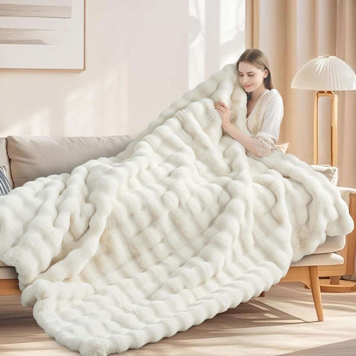 Faux Fur Throw Blanket – Cream White Fluffy Cozy Rabbit Fleece, Plush 50" x 60"