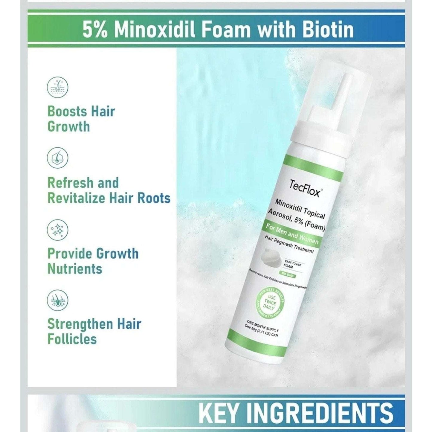 TecFlox 5% Minoxidil Hair Regrowth Foam with Biotin for Men & Women, 6 Months