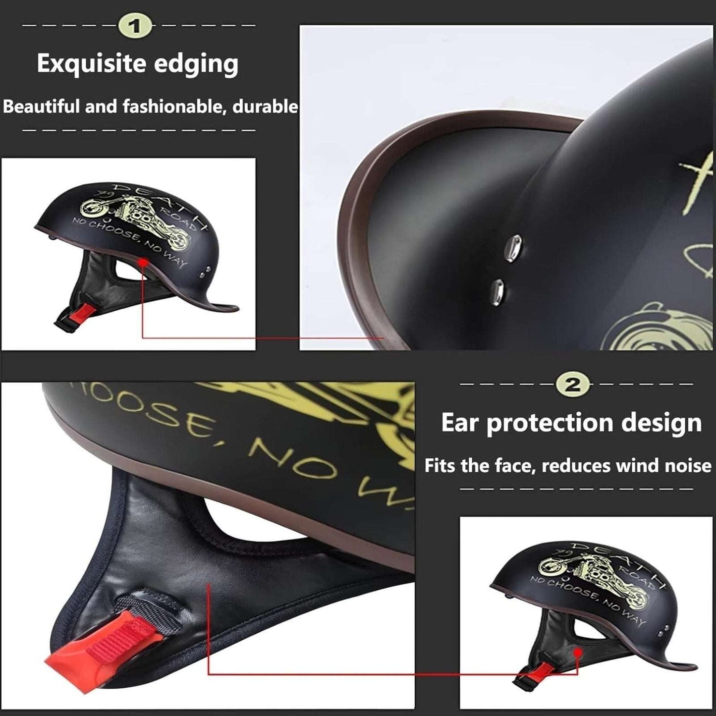 DOT Approved Retro Baseball Cap Motorcycle Vtg German Style Half Face Skull Cap