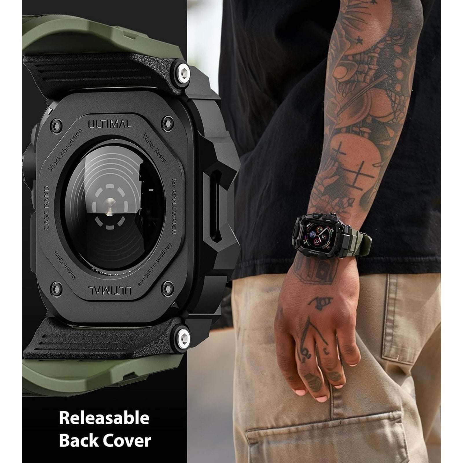 ULTIMAL Rugged Shockproof Case +Band for Apple Watch 45mm Series 9/8/7 ArmyGreen