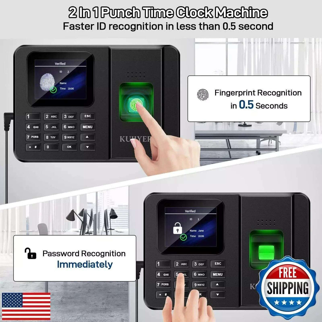 KUIIYER 2in1 Biometric Time Clock Employees Small Business Fingerprint Password