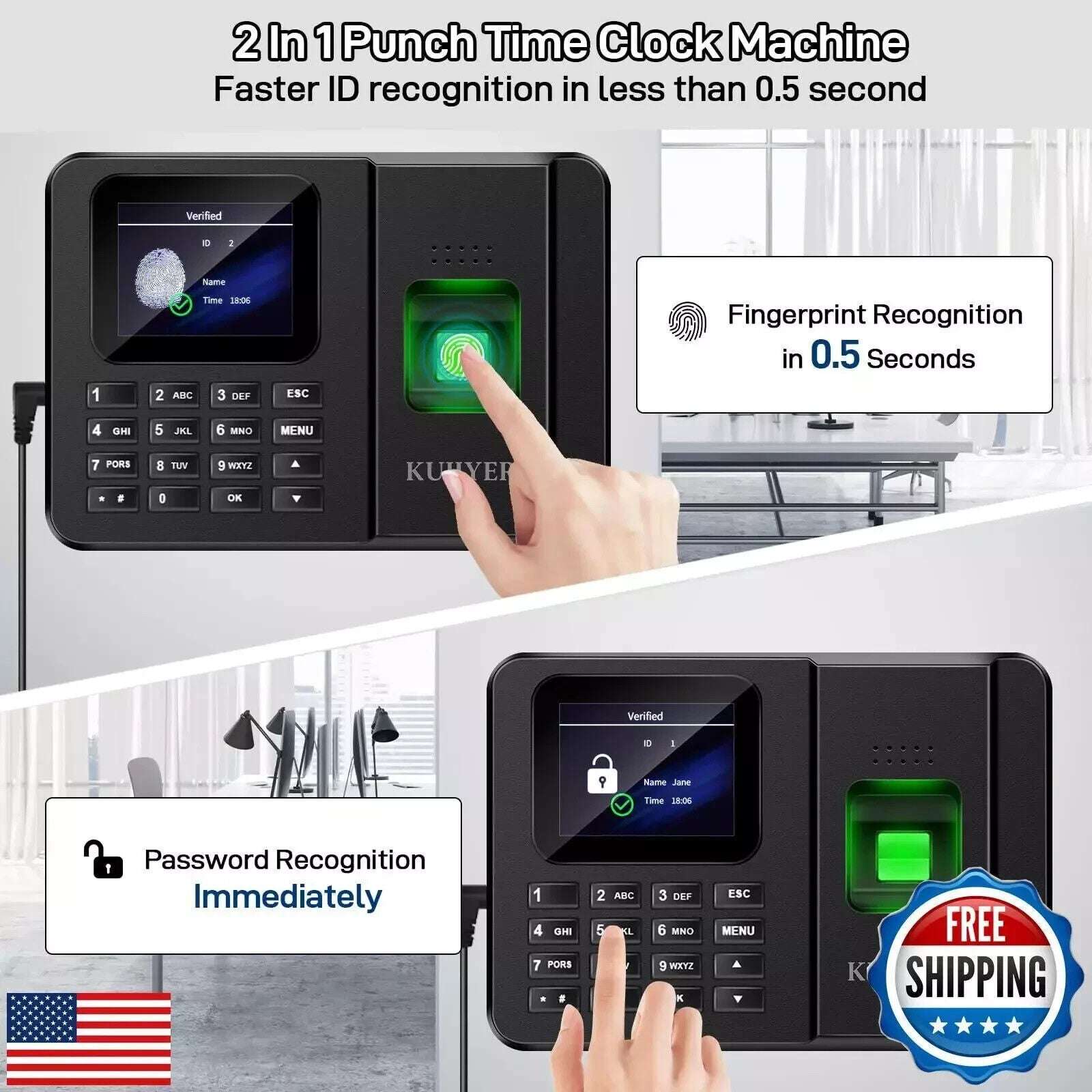 KUIIYER 2in1 Biometric Time Clock Employees Small Business Fingerprint Password