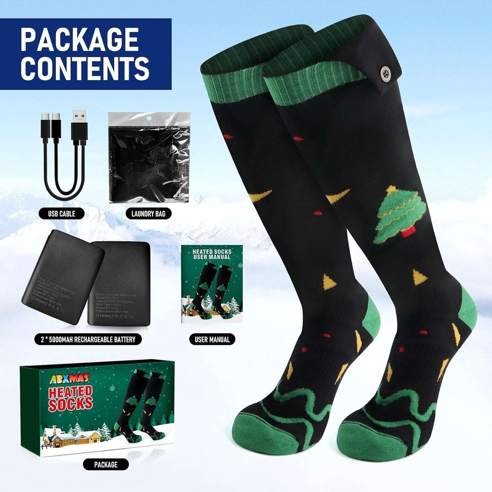 Electric Heated Christmas Socks w/ Rechargeable 5000mAh Battery & 4 Temp Levels