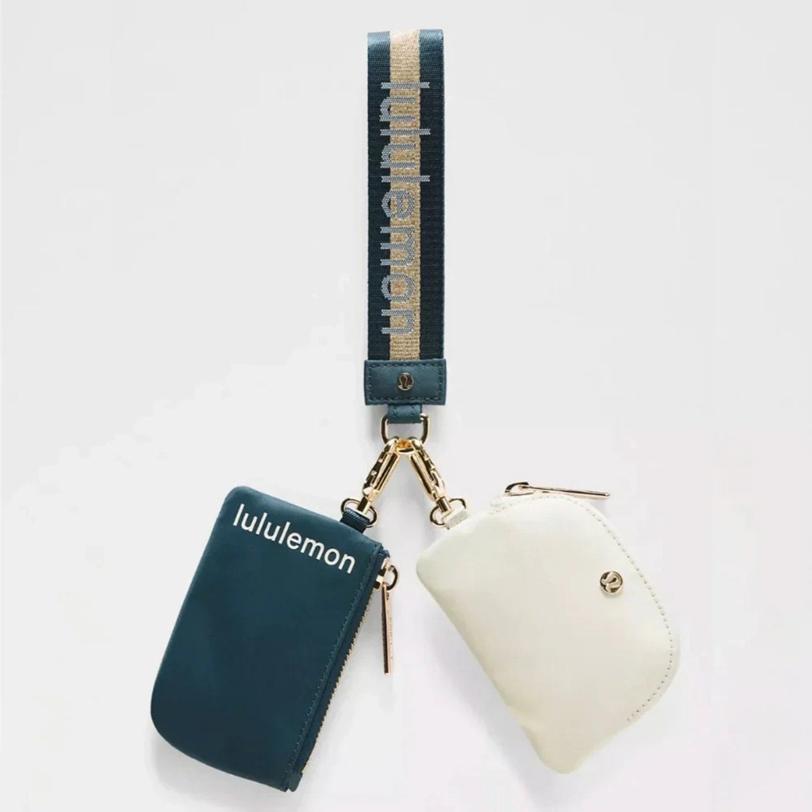 NWT Lululemon Dual Pouch Wristlet Wallet Keychain Wordmark Warp Teal, Gold, Bone