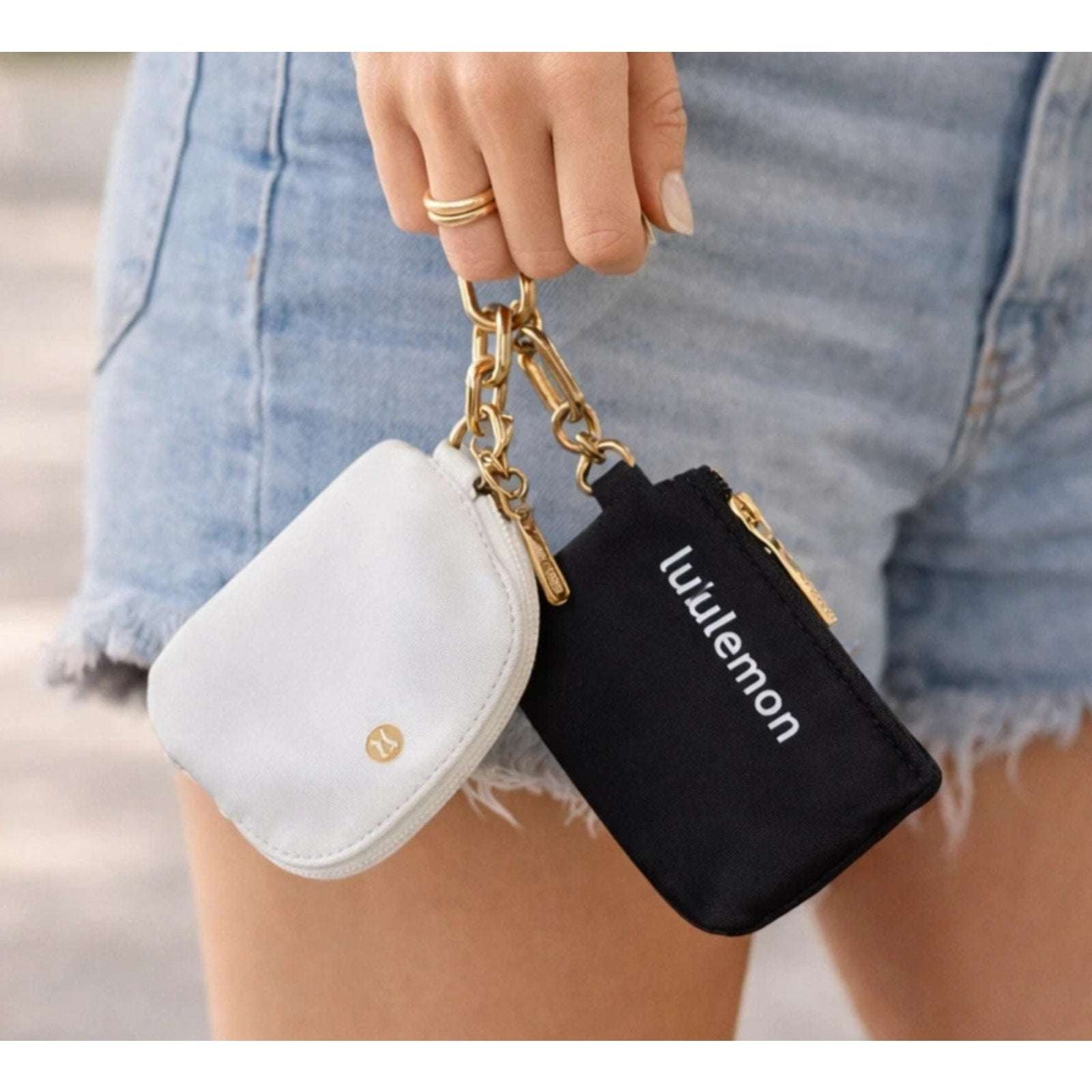 NWT Lululemon Dual Pouch Wristlet Wallet Keychain Wordmark Black & White w/ Gold