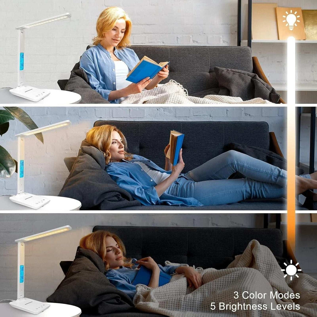 LED Desk Lamp w/ Wireless Charger & USB Charging 2 Devices @ Once Clock Calendar