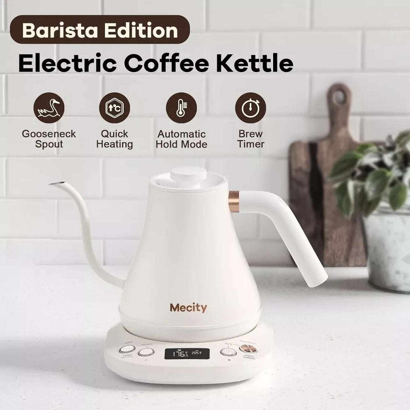 MECITY Electric Stainless Gooseneck Kettle 1200W, Precision Temp Control, White