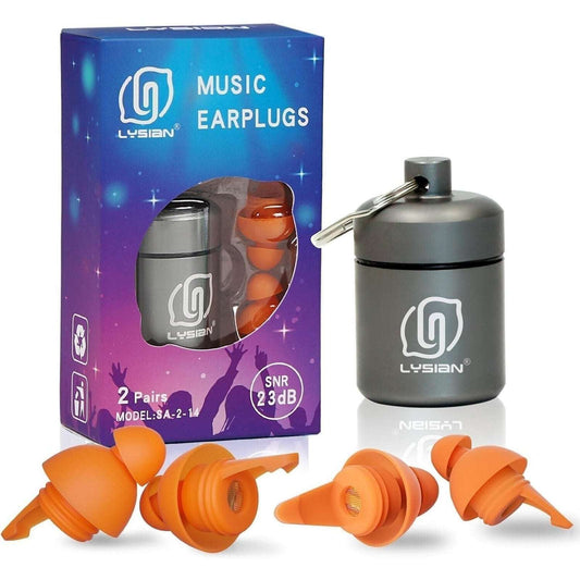 LYSIAN High Fidelity Concert Music Reusable Ear Plugs - 2 Pair & Case - 23dB SNR