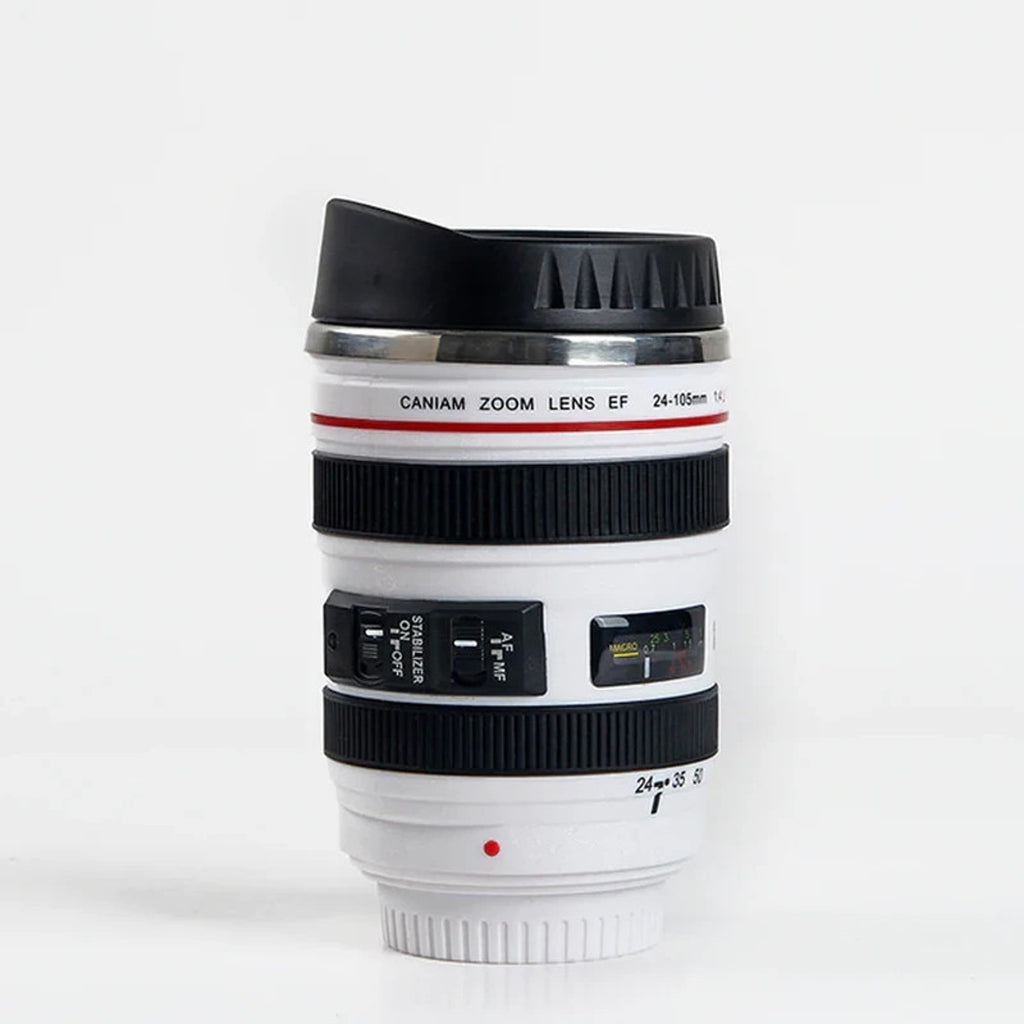 Cup Mug Tumbler w/ Lid Looks Like Canon EF 24-105mm F/4L USM Zoom Lens in White