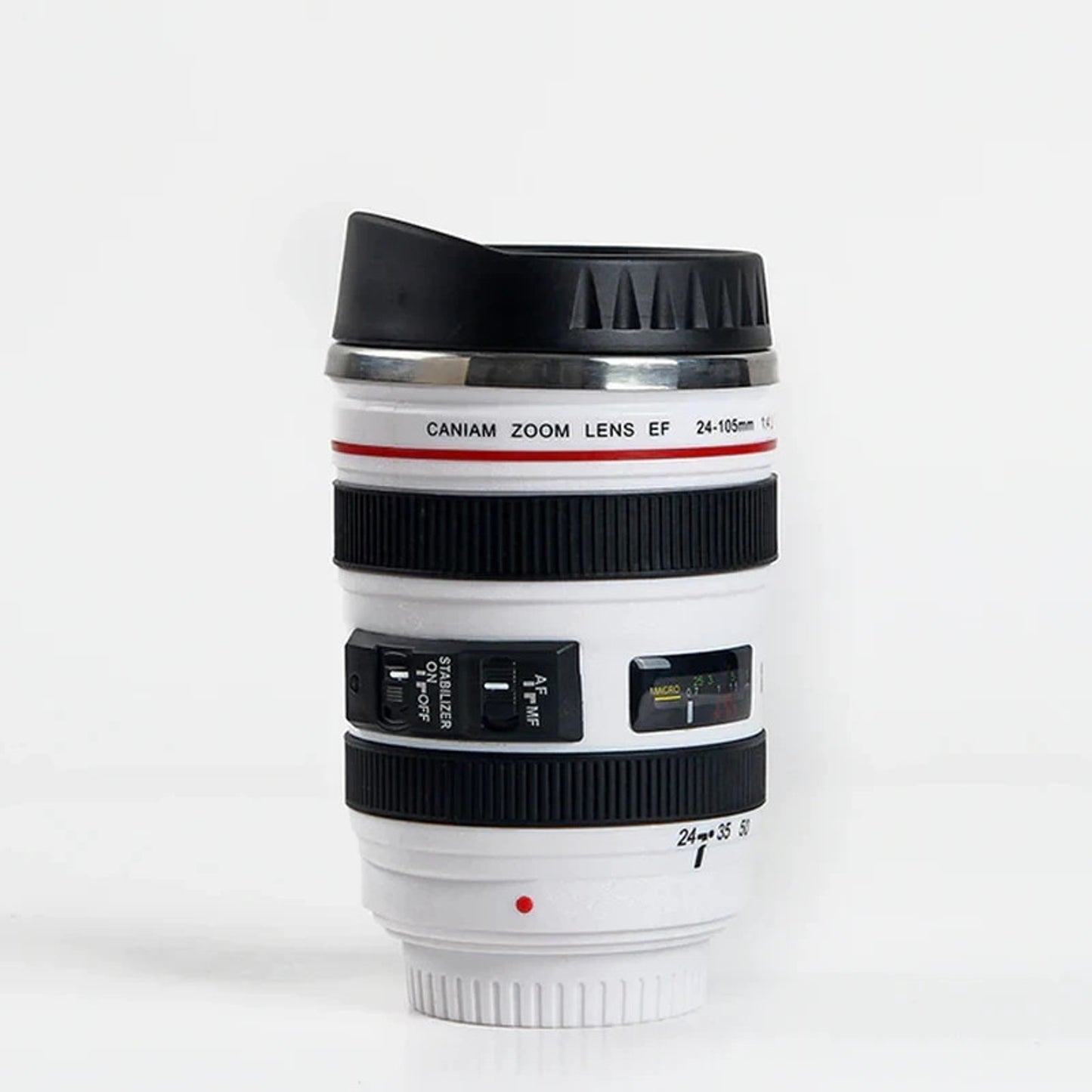 Cup Mug Tumbler w/ Lid Looks Like Canon EF 24-105mm F/4L USM Zoom Lens in White