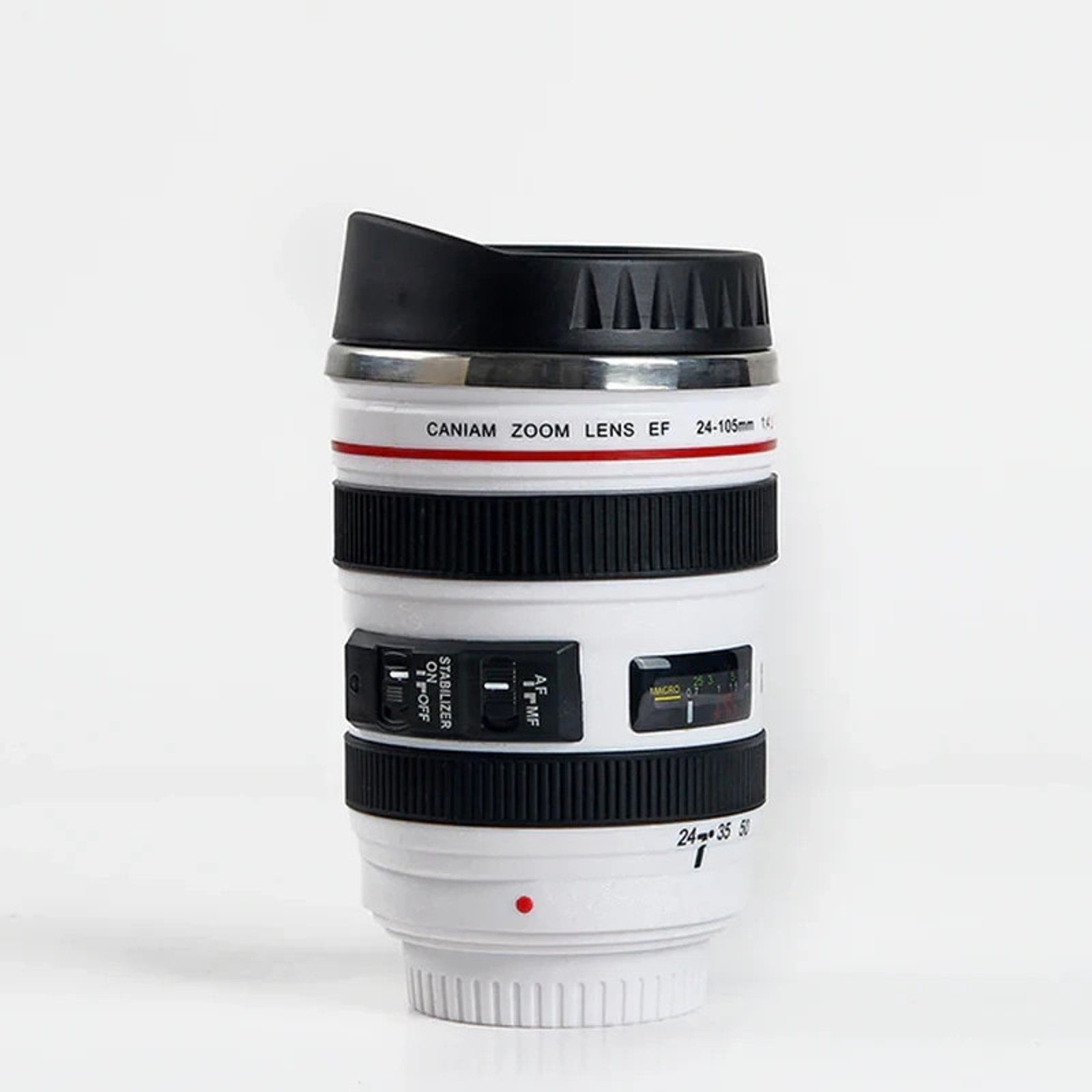 Cup Mug Tumbler w/ Lid Looks Like Canon EF 24-105mm F/4L USM Zoom Lens in White